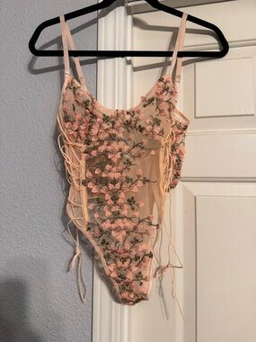 SHEIN Peach Floral Embroidered Sheer Chemise